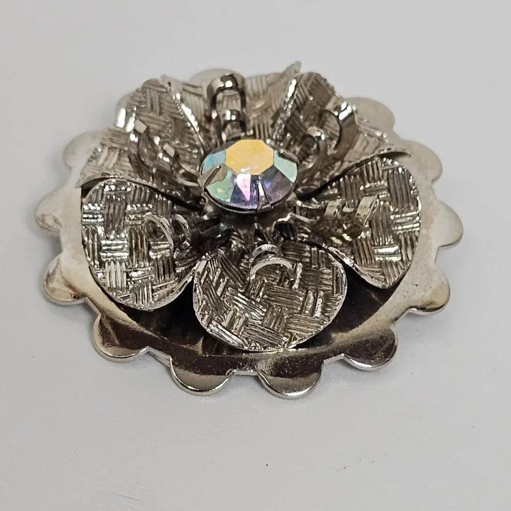 Vintage Scarf Clip‎ Silver Tone Flower Rhinestone AB Layered Textured Scalloped
